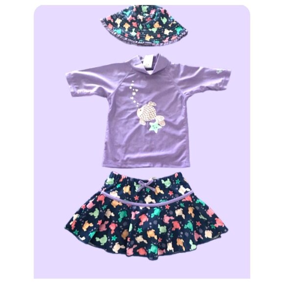 Toddler Girls Purple Rash Guard Set With Skirt & Hat Sea Turtle Print - Picture 1 of 12